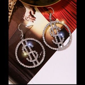 Silver Rhinestone Dollar Symbol Earrings
